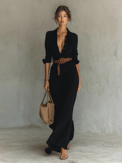 Long Dress with Notched Collar and Belt Included