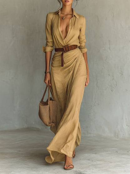 Long Dress with Notched Collar and Belt Included