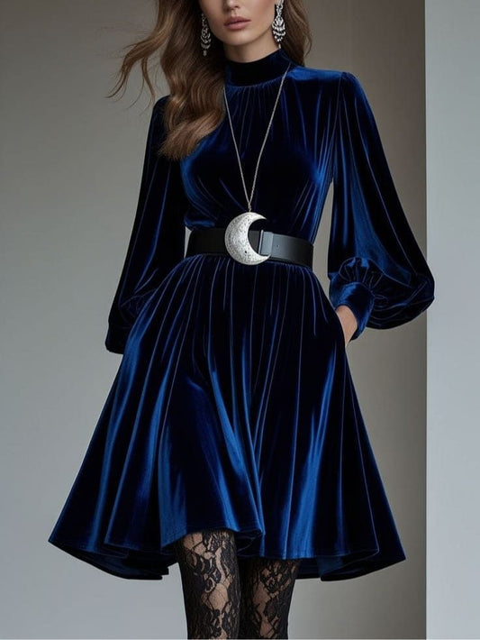 Navy Velvet Mini Dress with Belt