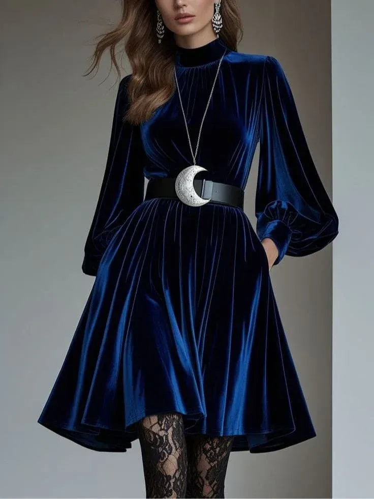 Navy Velvet Mini Dress with Belt