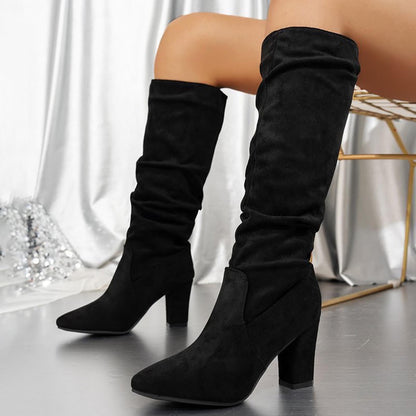 Chunky Heel Mid-Calf Faux Suede Boots