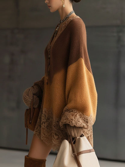 Cozy Gradient Sweater with Bohemian Lace Details