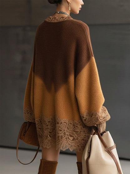 Cozy Gradient Sweater with Bohemian Lace Details