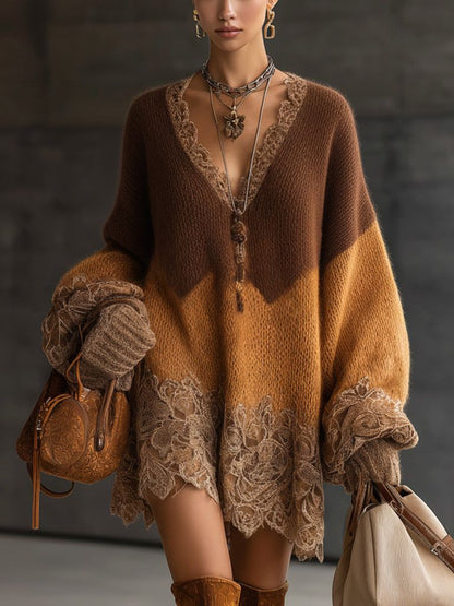 Cozy Gradient Sweater with Bohemian Lace Details