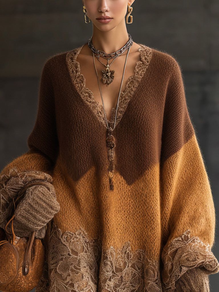 Cozy Gradient Sweater with Bohemian Lace Details