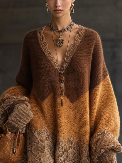 Cozy Gradient Sweater with Bohemian Lace Details