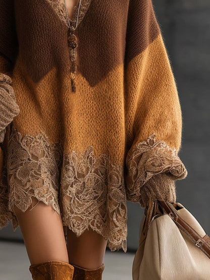 Cozy Gradient Sweater with Bohemian Lace Details