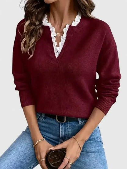GAËLLE | Chic V-Neck Lace Sweater