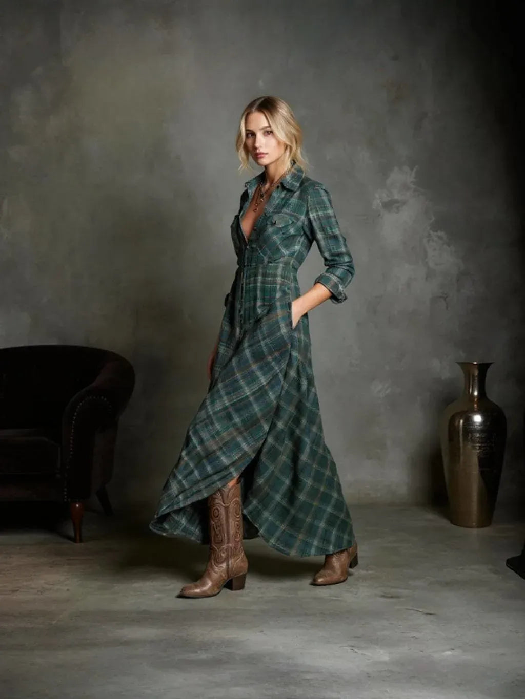 Checkered Lapel Long Dress in Green