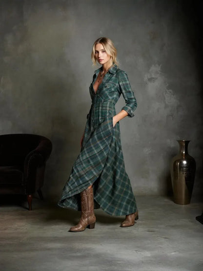 Checkered Lapel Long Dress in Green