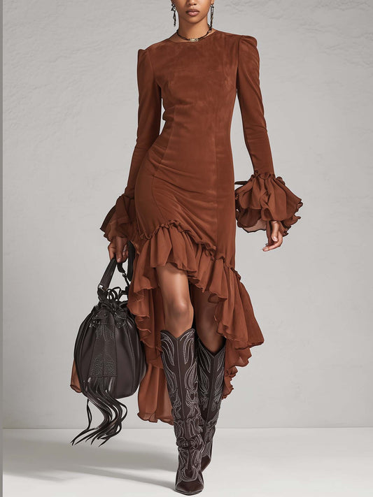Faux Suede Ruffled Asymmetrical Hem Bodycon Dress