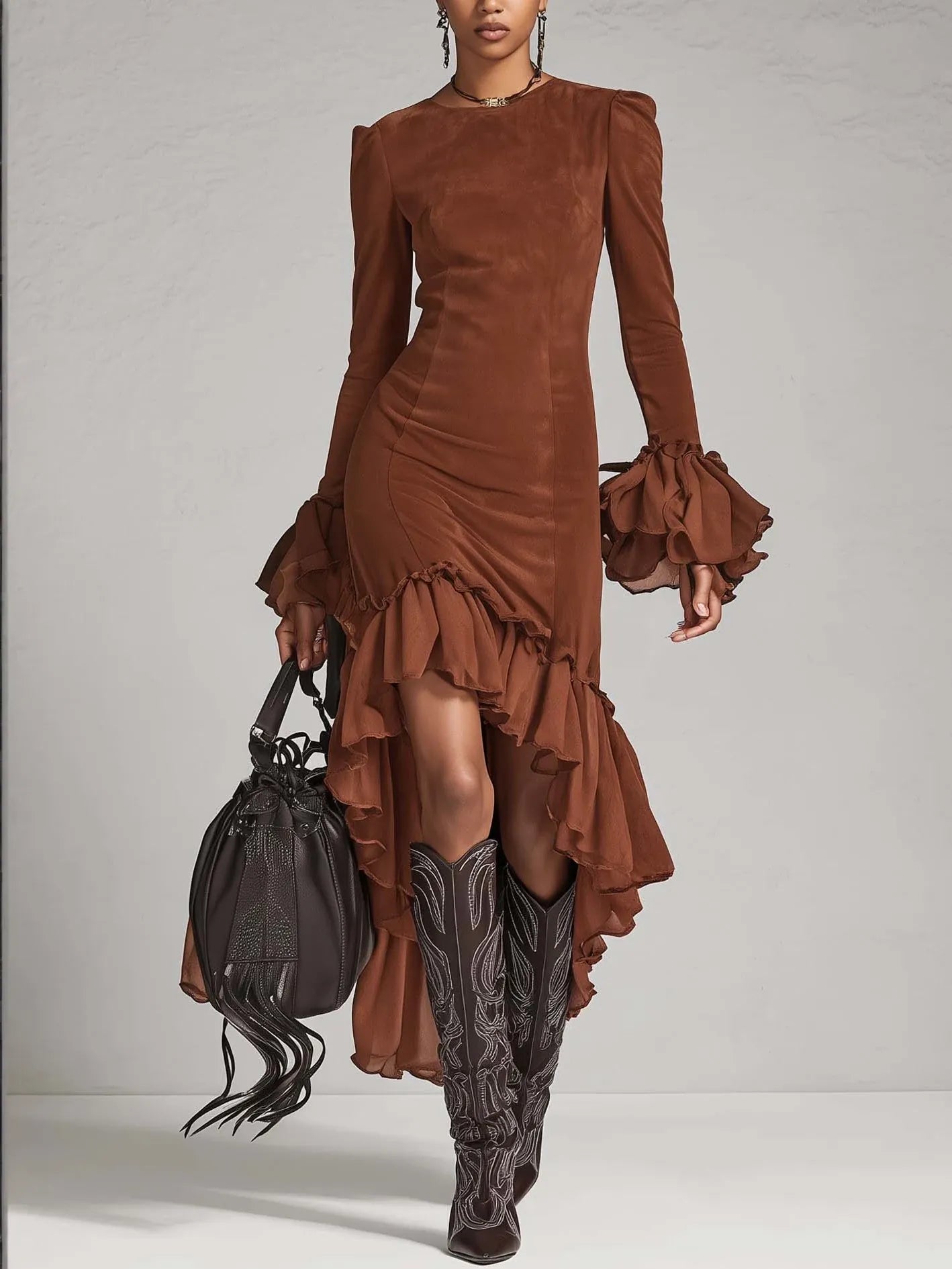 Faux Suede Ruffled Asymmetrical Hem Bodycon Dress