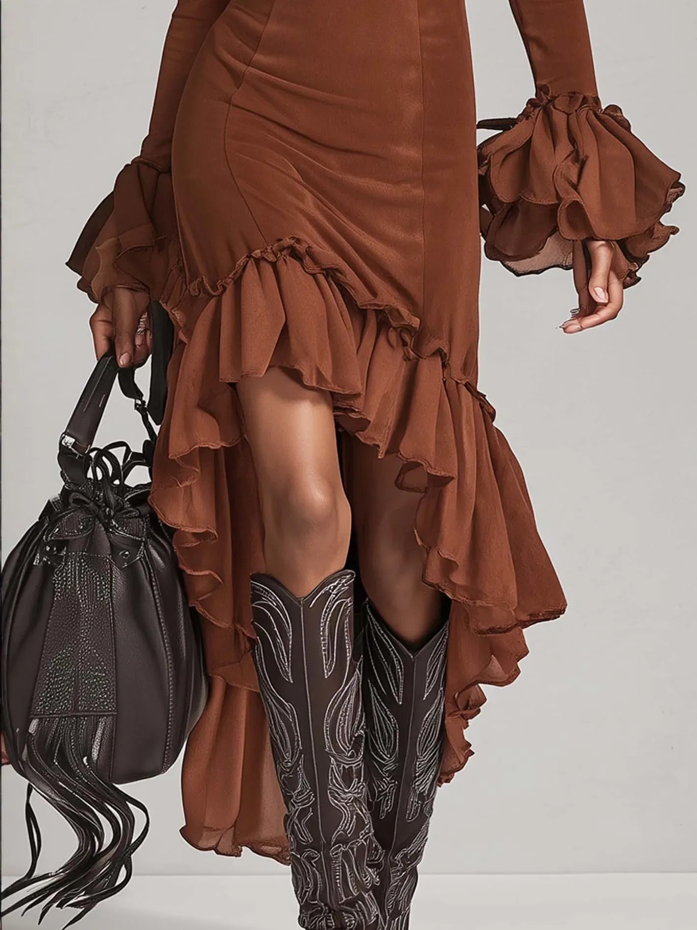 Faux Suede Ruffled Asymmetrical Hem Bodycon Dress