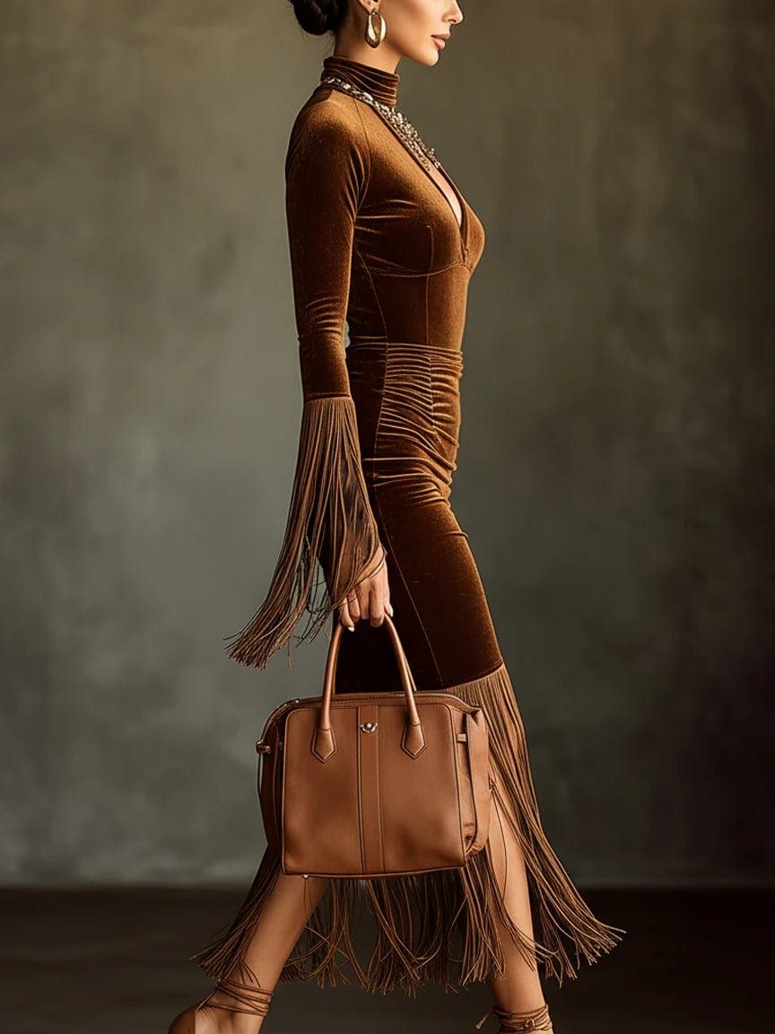 Brown Velvet Long Sleeve Bodycon Dress with Cutout Fringe
