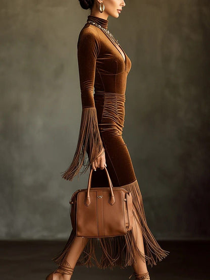 Brown Velvet Long Sleeve Bodycon Dress with Cutout Fringe
