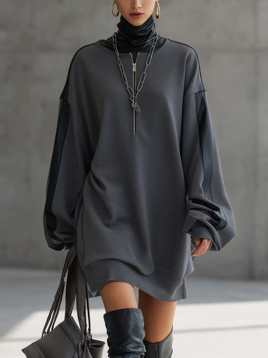 High Neck Zipper Mini Dress with Faux Leather Trim