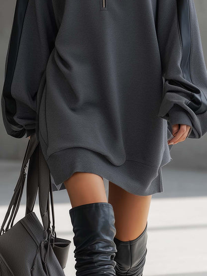 High Neck Zipper Mini Dress with Faux Leather Trim