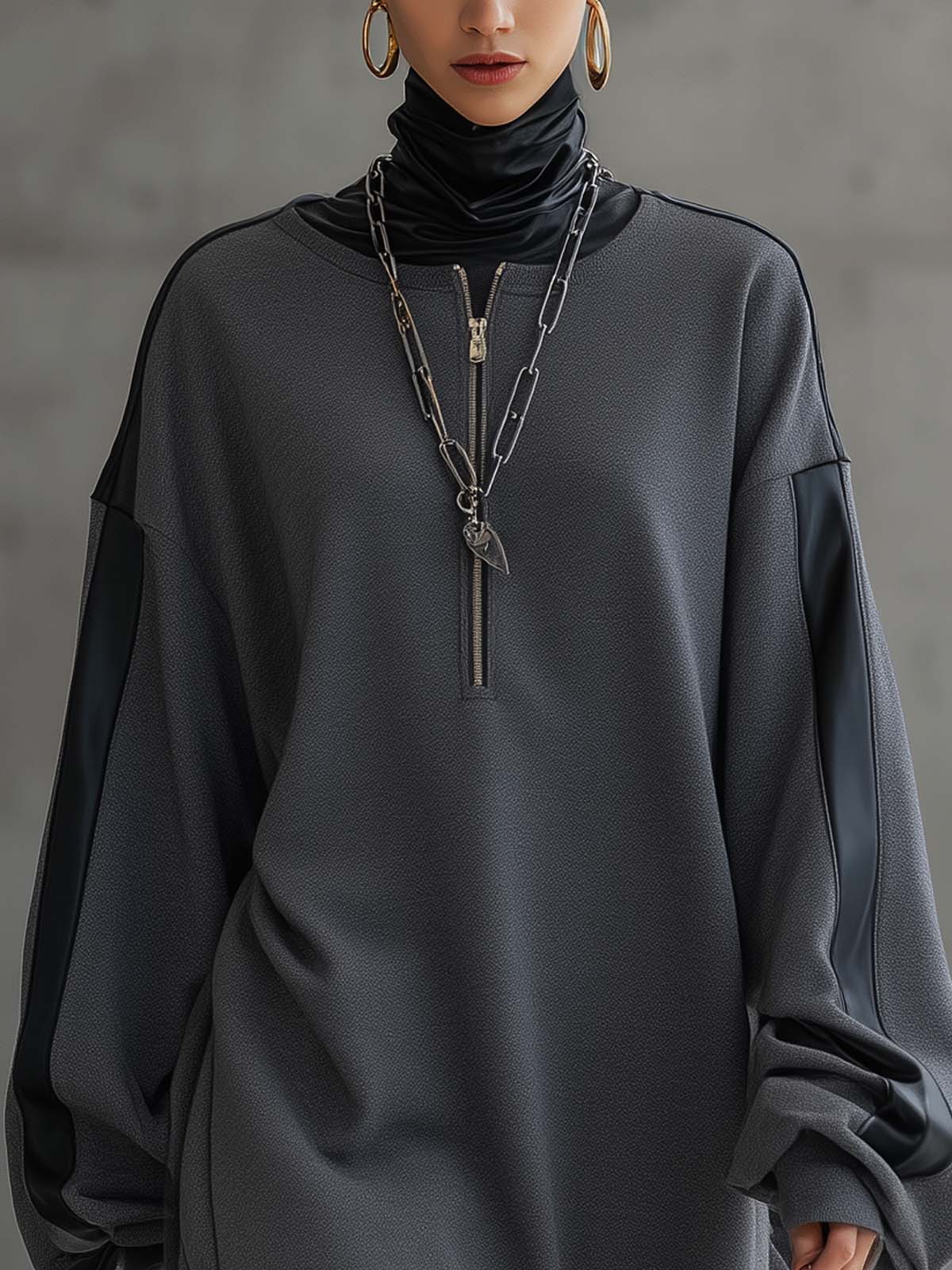 High Neck Zipper Mini Dress with Faux Leather Trim