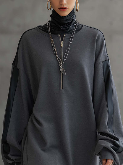 High Neck Zipper Mini Dress with Faux Leather Trim