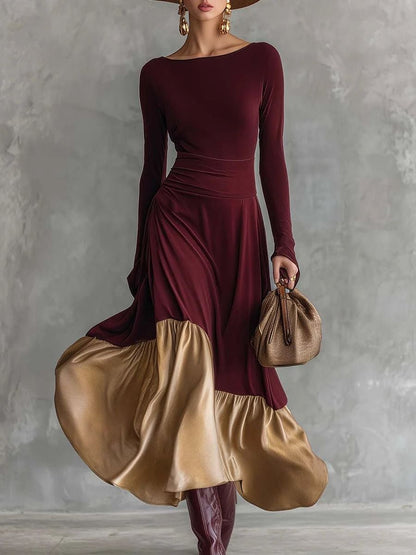 Chic Color-Blocked Satin Maxi Dress with Round Neck