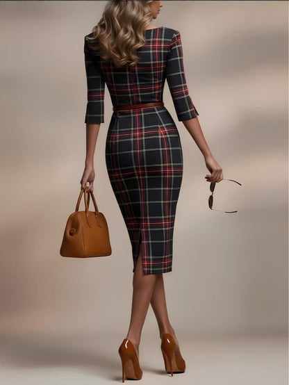 Plaid Midi Dress with Three-Quarter Sleeves