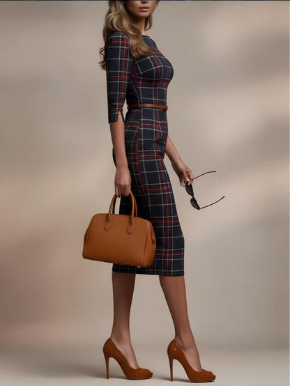 Plaid Midi Dress with Three-Quarter Sleeves