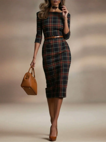 Plaid Midi Dress with Three-Quarter Sleeves