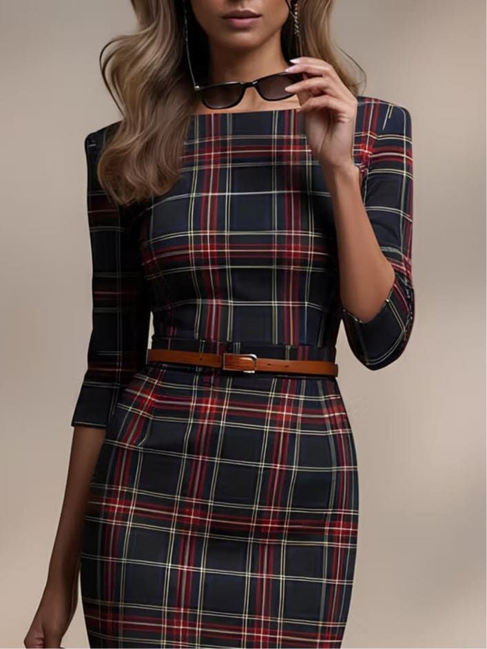 Plaid Midi Dress with Three-Quarter Sleeves