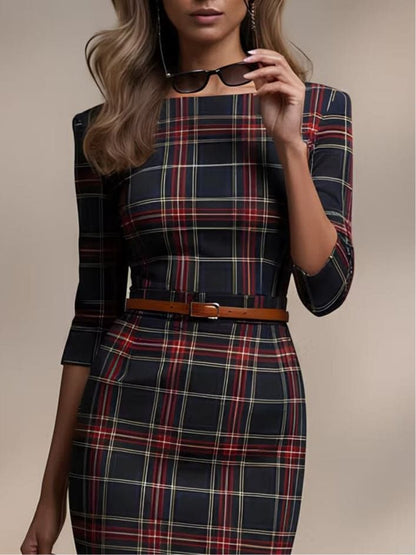 Plaid Midi Dress with Three-Quarter Sleeves