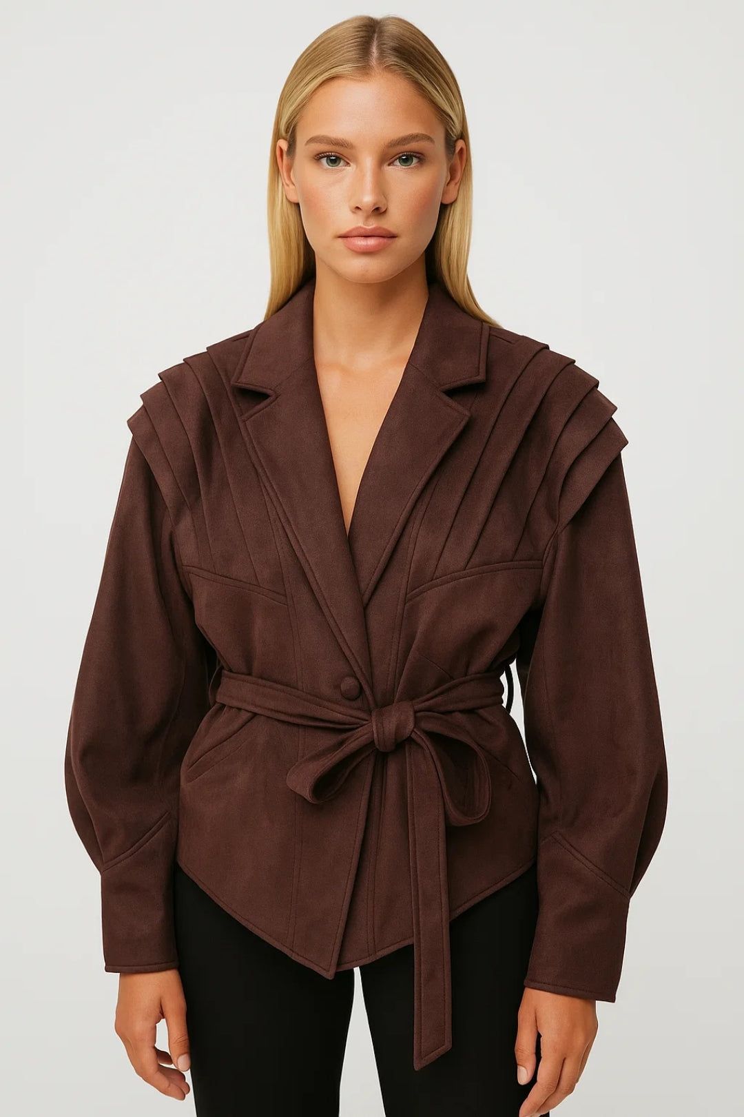 Women's Blazer with Pleated Shoulders and Belt Detail