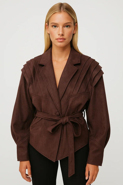 Women's Blazer with Pleated Shoulders and Belt Detail