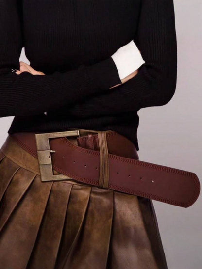 Vintage PU Leather Belt - 7.5 cm Wide with Metal Buckle