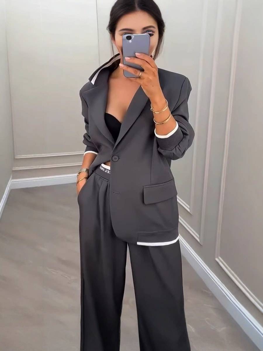 Chic Gray Polyester Set – Classic Style with Impeccable Detail