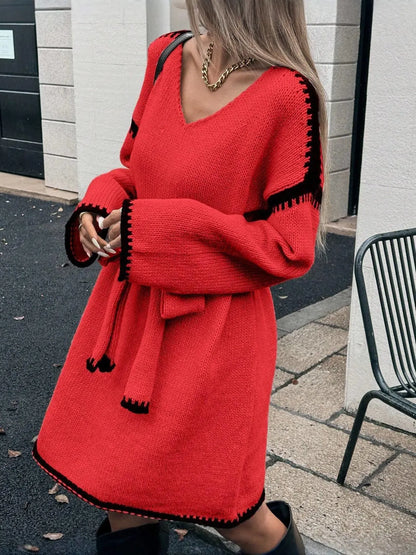 V-Neck Belted Sweater Dress