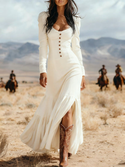 Asymmetrical Long Dress with Ruffled Sleeves