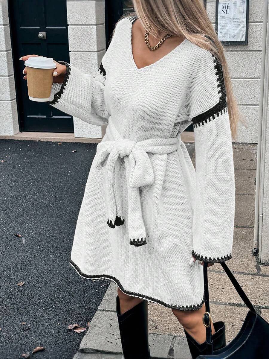V-Neck Belted Sweater Dress