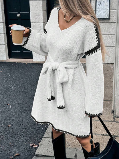 V-Neck Belted Sweater Dress