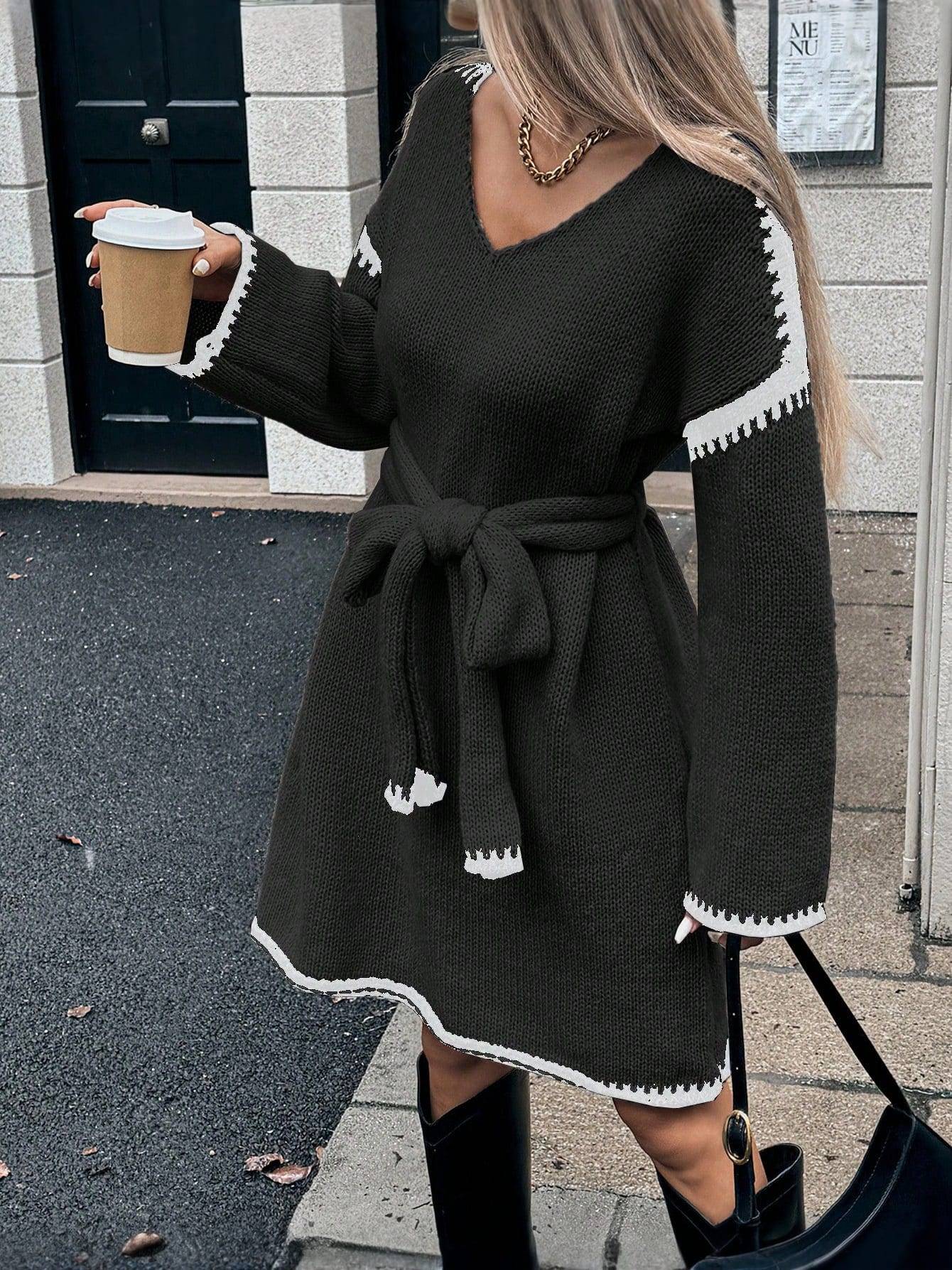 V-Neck Belted Sweater Dress