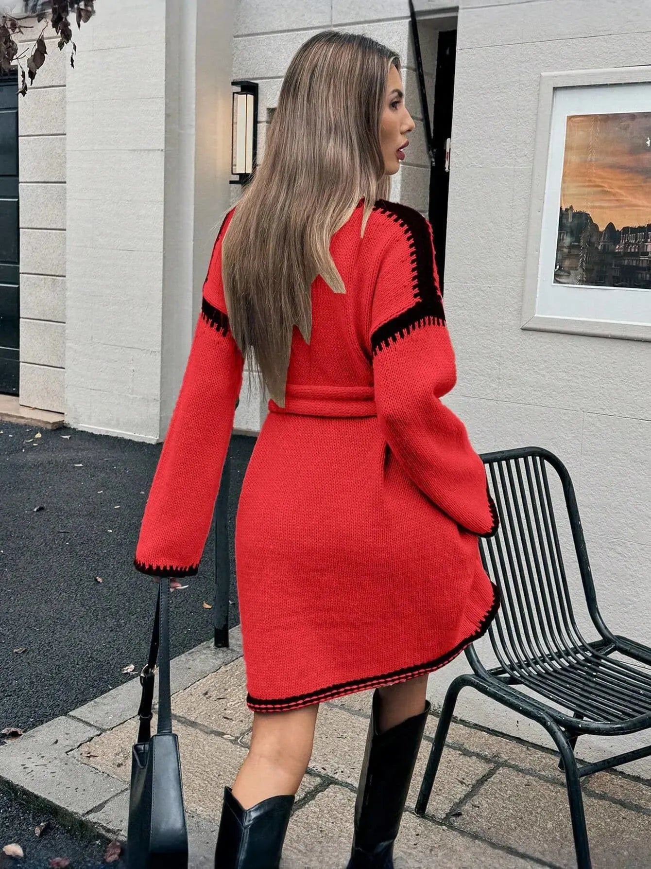 V-Neck Belted Sweater Dress