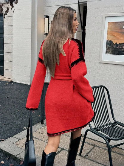 V-Neck Belted Sweater Dress