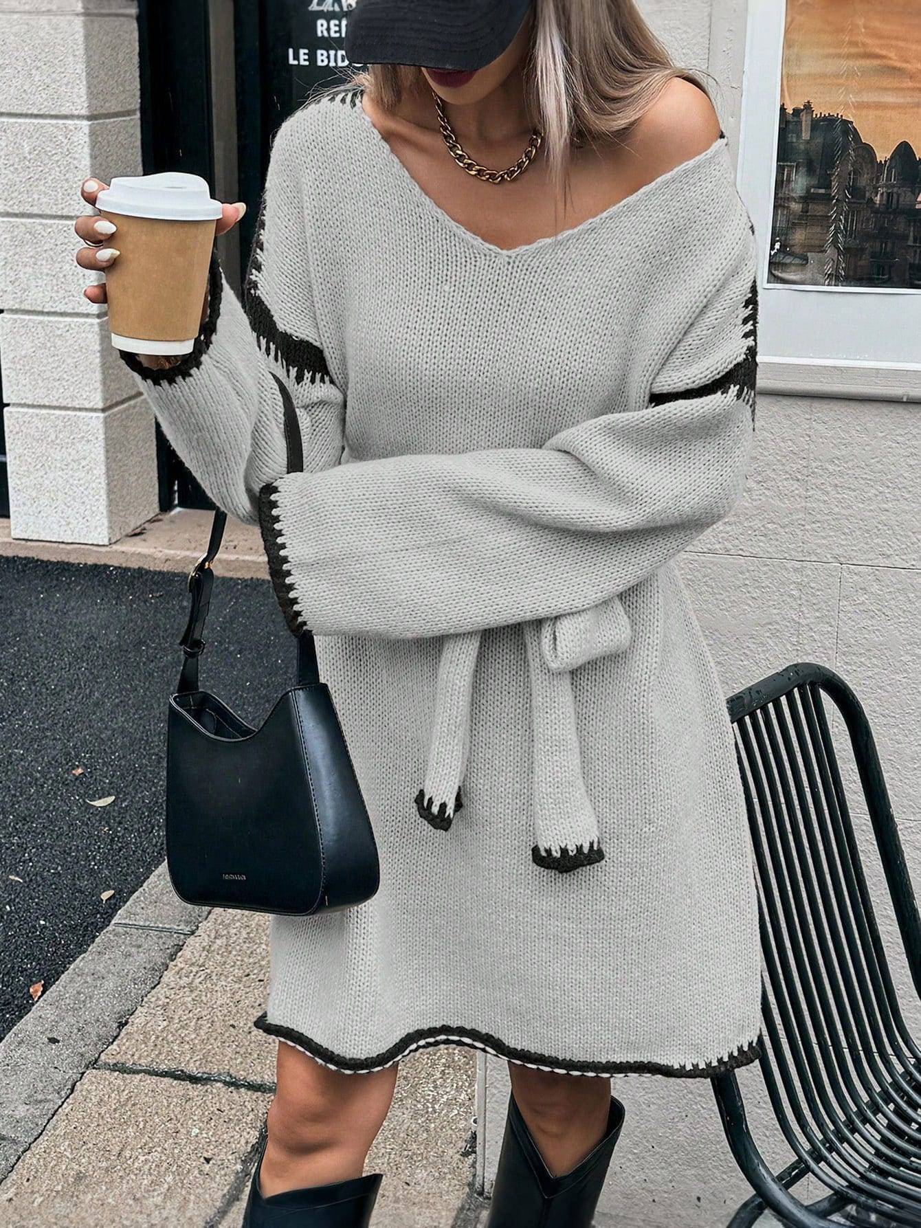 V-Neck Belted Sweater Dress