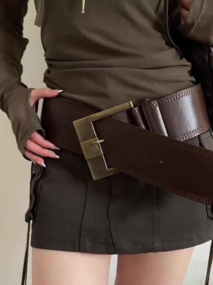 Vintage PU Leather Belt - 7.5 cm Wide with Metal Buckle