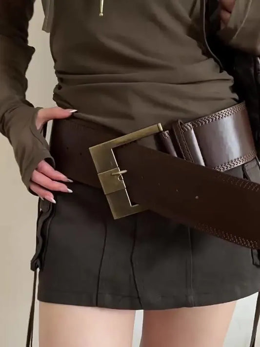 Vintage PU Leather Belt - 7.5 cm Wide with Metal Buckle