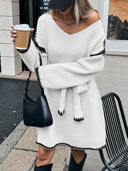 LEXIE | V-Neck Belted Sweater Dress