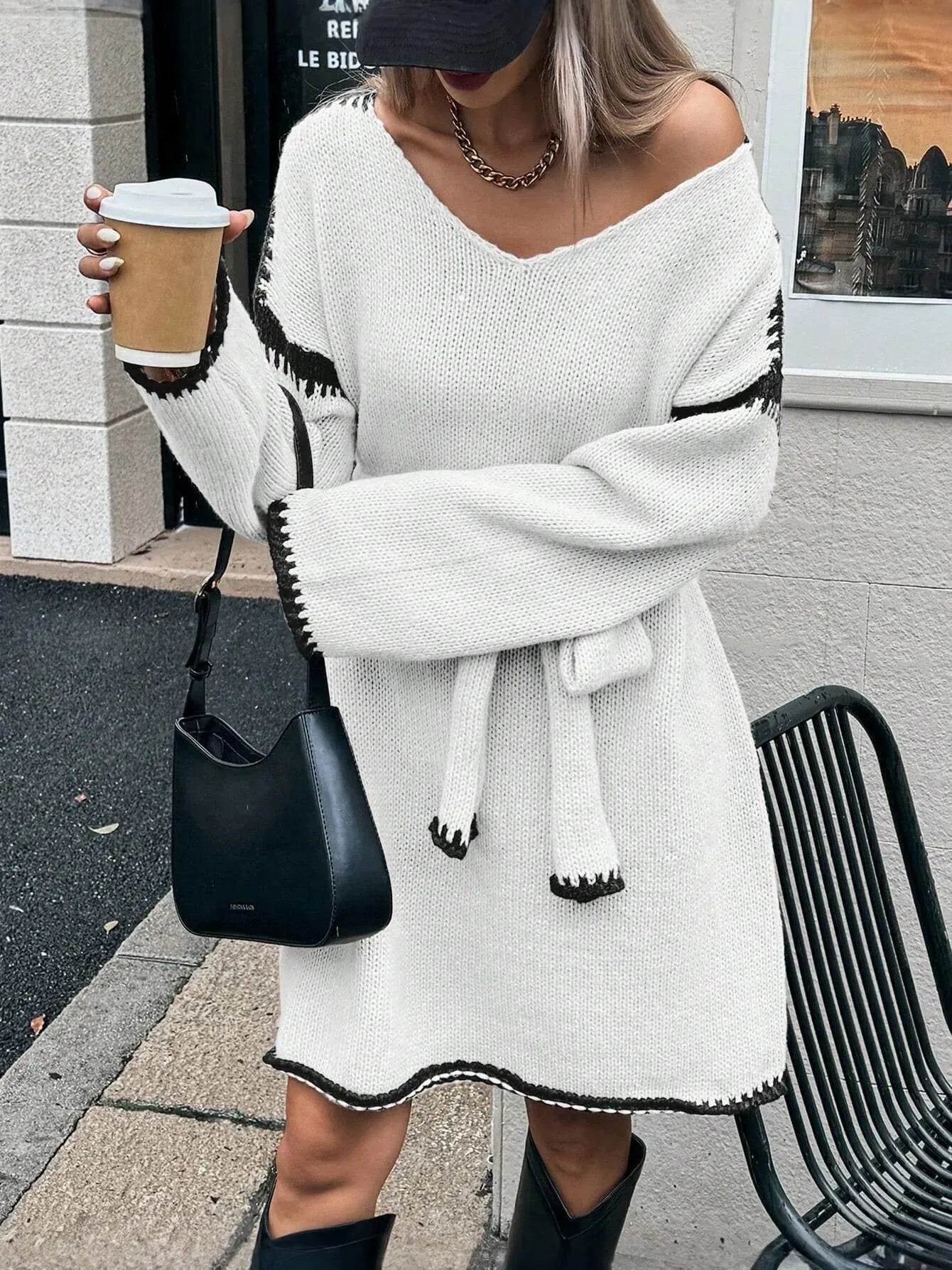 V-Neck Belted Sweater Dress