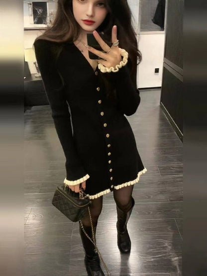 V-Neck Sweater Dress with Belt – Cozy Elegance