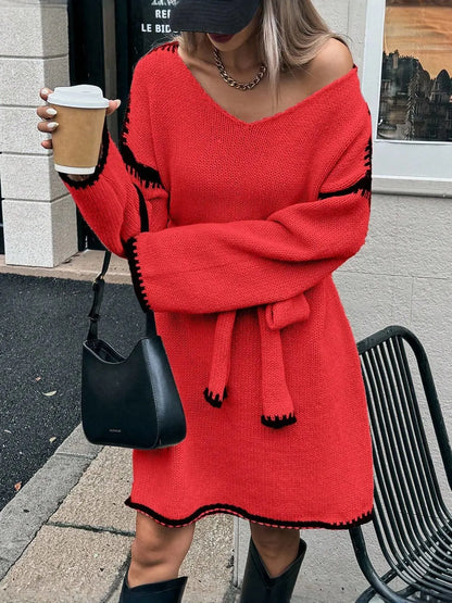 V-Neck Belted Sweater Dress