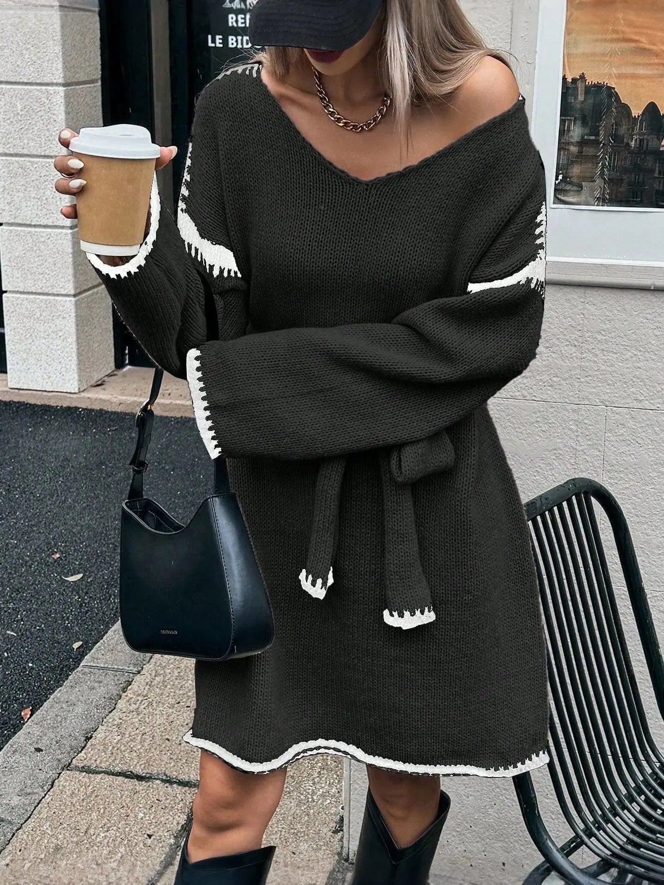 V-Neck Belted Sweater Dress