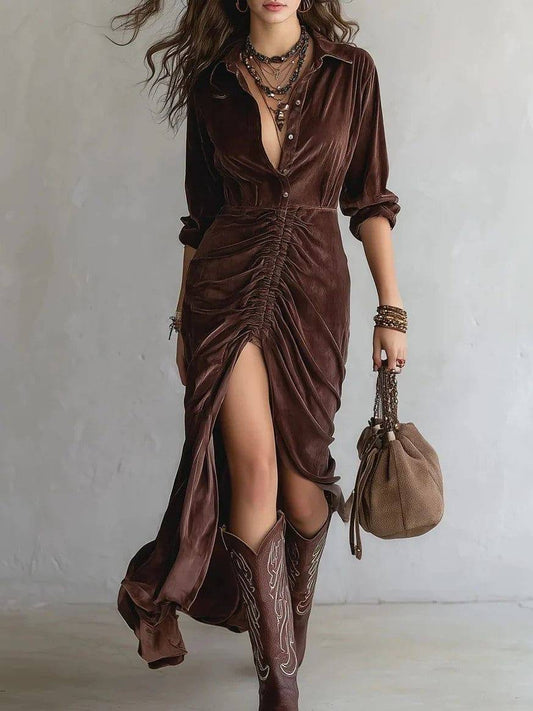 VERONIQUE | Elegant Long Velvet Pleated Dress