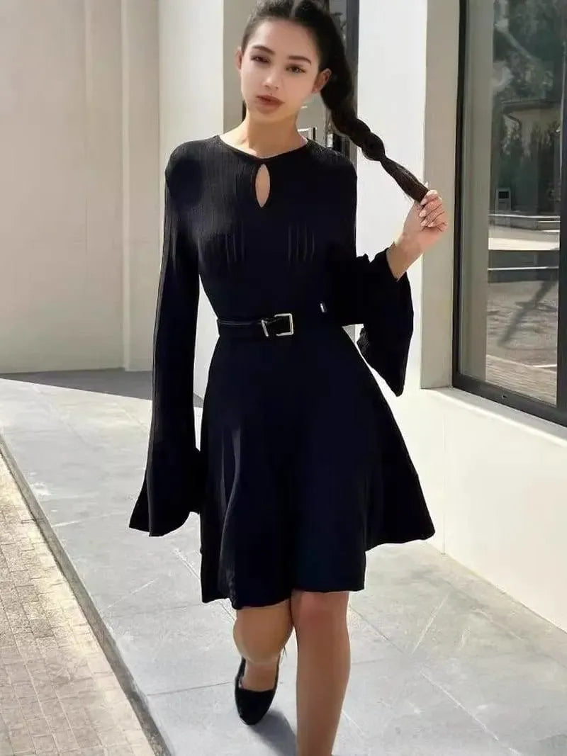Chic Black Sweater Dress with Round Neck, Flared Sleeves, and Pleated Skirt